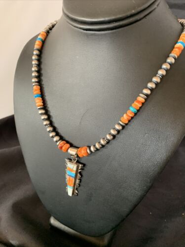 Navajo Turquoise Spiny Oyster Inlay Pendant | Sterling Silver | Authentic Native American Handmade | 11800