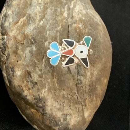 Zuni Peyote Bird Ring | Sterling Silver Coral Turquoise Onyx Mother of Pearl Inlay | Sz 5.5 | 10789