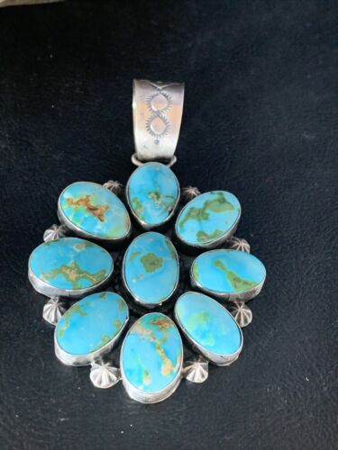 Navajo Blue Sonoran Gold Turquoise Cluster Pendant | Authentic Native American Sterling Silver | Multi-Stone | 14071
