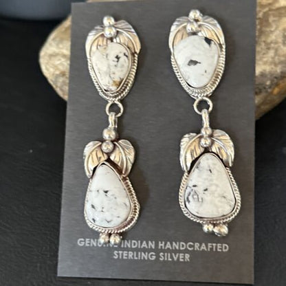 Navajo White Buffalo Turquoise Dangle Earrings | Sterling Silver | 2.5" | Authentic Native American Handmade | 14740