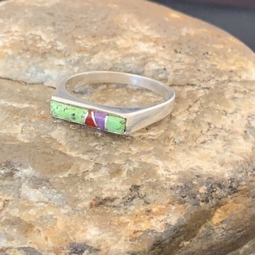 Navajo Green Gaspiete Sugilite Red Coral Inlay Ring | Sz 8.25 | Authentic Native American Handmade | 10987