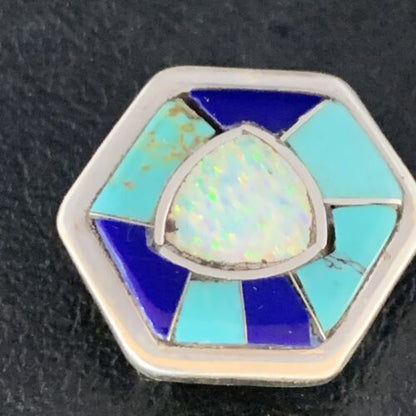 Navajo Blue Turquoise Lapis Opal Necklace Pin | Sterling Silver | 1" | Authentic Native American Handmade | 13697