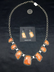 Navajo Orange Spiny Oyster Necklace & Earring Set | Sterling Silver | Authentic Native American Handmade | 2691