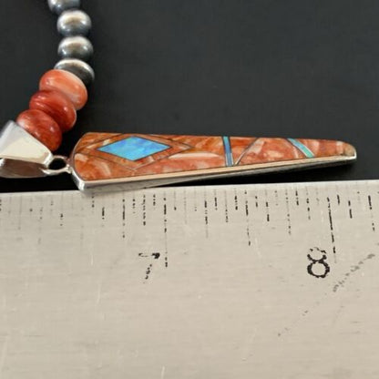 Navajo Pearls Sterling Silver Necklace | Opal Red Spiny Oyster Inlay Pendant | Authentic Native American Handmade | 11322