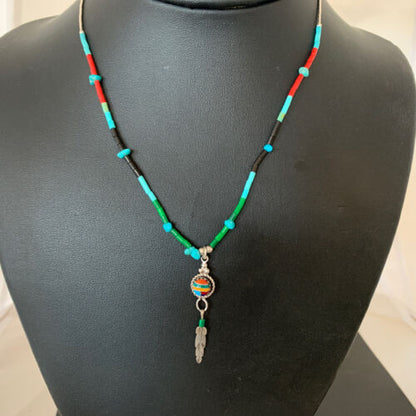Girls Multi-Color Liquid Silver Heishi Pendant | Inlay | Sterling Silver Leaf Inlay | 02047