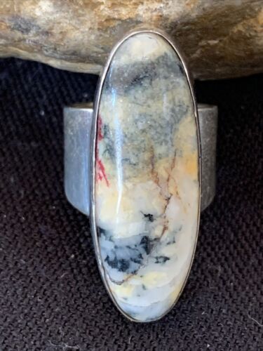 Southwestern Navajo Cinnabrite Ring | White Black | Sterling Silver | Sz 6.5 | 1550