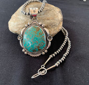 Men's Navajo Pearls Necklace Pendant | Sterling Silver | Blue Turquoise #8 | Authentic Native American Handmade | 529