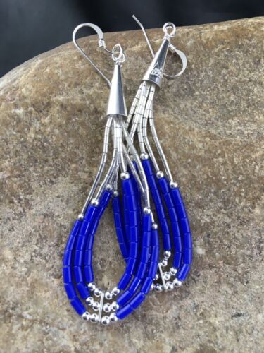 Native American Handmade Sterling Silver Heishi Dangle Earrings Set | Blue Lapis | 2" | 1961