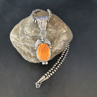 Navajo Orange Spiny Oyster Pendant Necklace | Sterling Silver | Authentic Native American Handmade | 14685
