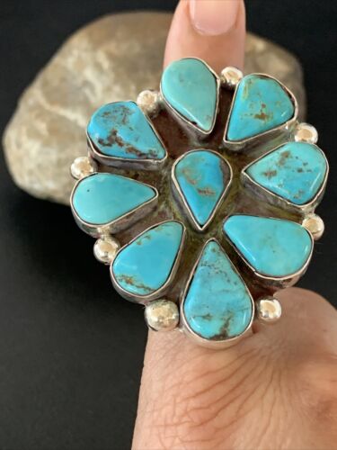Navajo Blue Turquoise Multi-Stone Cluster Ring | Authentic Native American Sterling Silver | Sz 10 | 02191