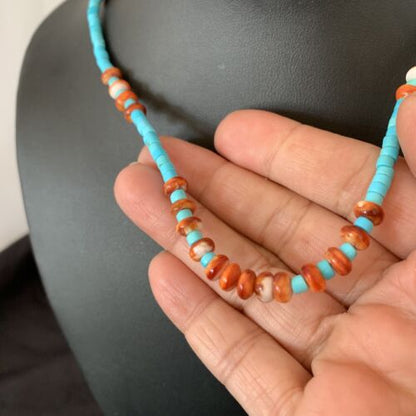 Navajo Sterling Silver Spiny Oyster Turquoise Necklace | 16" | Authentic Native American Handmade | 10692 - Masha USA