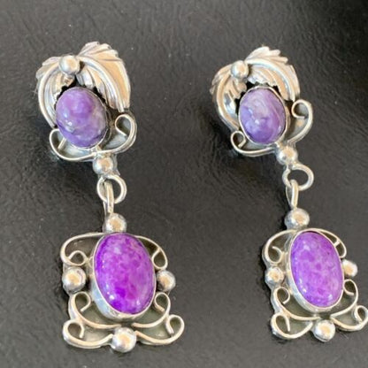 Navajo Purple Sugilite Dangle Post Earrings | Sterling Silver | 2" | Authentic Native American Handmade | 1524