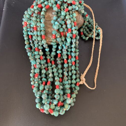 Men's Santo Domingo Blue Turquoise Coral Necklace | 36" Bead Nugget | Authentic Native American Handmade | 13185