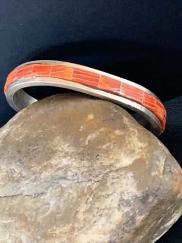 Navajo Native American Red Spiny Oyster Inlay Bracelet | Sterling Silver | Authentic Handmade | 1166