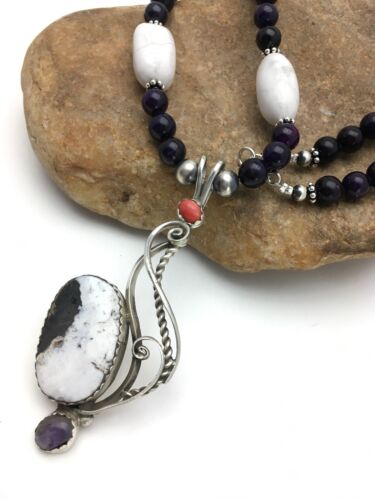 Navajo White Buffalo Sugilite Multi-Stone Pendant Set | Authentic Native American Sterling Silver | 24" | 2816