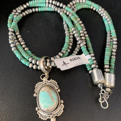 Navajo Royston Turquoise Pendant | Sterling Silver | 3-Strand Spiny Necklace | Authentic Native American Handmade | 01676