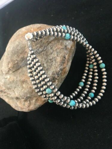 Native American Navajo Pearls Blue Turquoise Bracelet | Sterling Silver | 4-Strand
