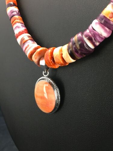 Navajo Orange Spiny Oyster Pendant Necklace Set | Sterling Silver | Authentic Native American Handmade | 2772
