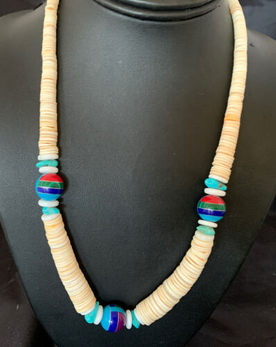 Authentic Native American Santo Domingo Shell & Turquoise 3-Bead Pendant Necklace with Pearls | 20" | 12524