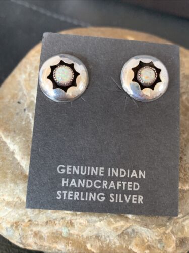 Navajo White Opal Post Shadow Box Earrings | Sterling Silver | 0.25" | Authentic Native American Handmade | 13036