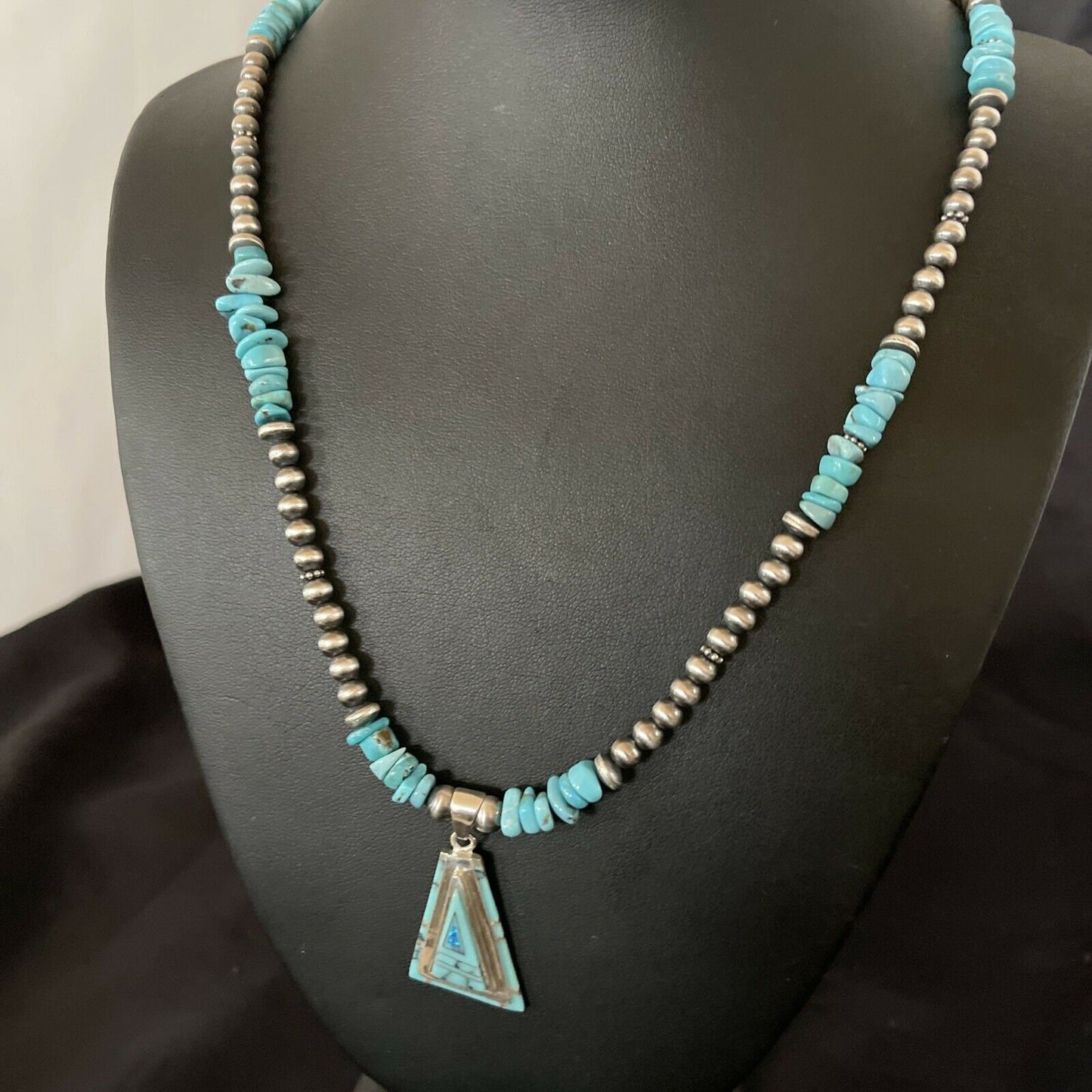 Authentic Native American Navajo Sterling Silver Pendant | Blue Turquoise & Opal Inlay Necklace | 11331