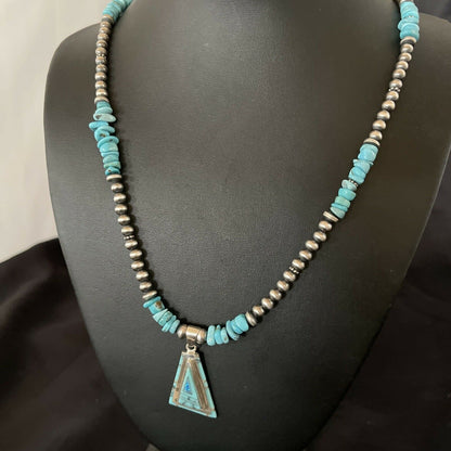Authentic Native American Navajo Sterling Silver Pendant | Blue Turquoise & Opal Inlay Necklace | 11331