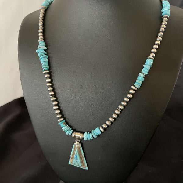 Authentic Native American Navajo Sterling Silver Pendant | Blue Turquoise & Opal Inlay Necklace | 11331