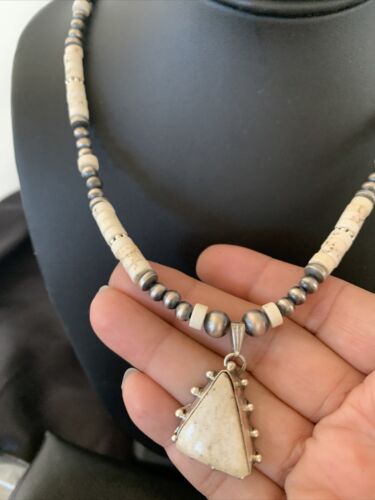 Navajo White Buffalo Turquoise Pendant Set | Sterling Silver | Authentic Native American Handmade | 12202