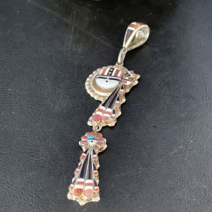 Zuni Kachina Coral Mother of Pearl Onyx Inlay Pin Pendant | Sterling Silver | 4.20" | 13688