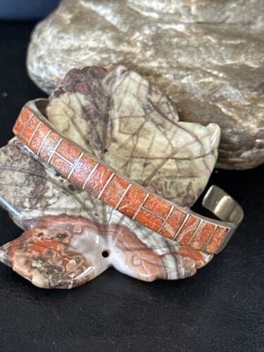 Authentic Native American Navajo Sterling Silver Bracelet | Red Spiny Oyster Inlay | Old Pawn | 14532
