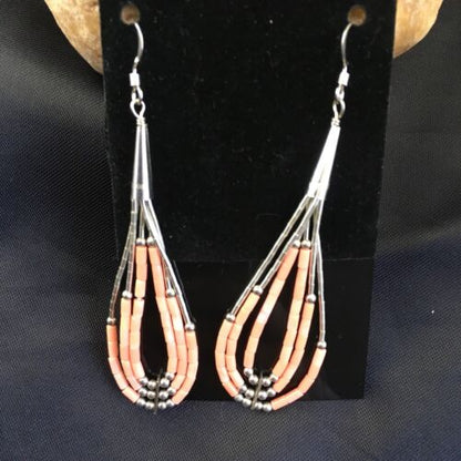 Handmade Liquid Silver Tube Bead Heishi Dangle Earrings | Pink Coral | Sterling Silver | 2.25" | 2025