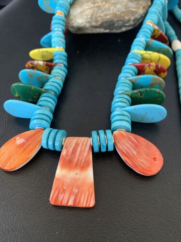 Native American Santo Domingo Spiny Turquoise Necklace | 40" | Sterling Silver | 12066 - Masha USA