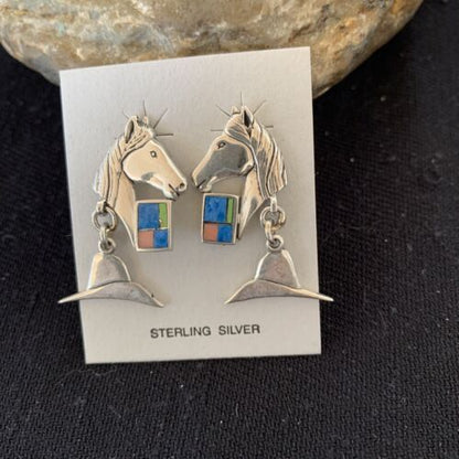 Native American Navajo Blue Lapis & Pink Opal Sterling Silver Horse Inlay Earrings 1" | 1513