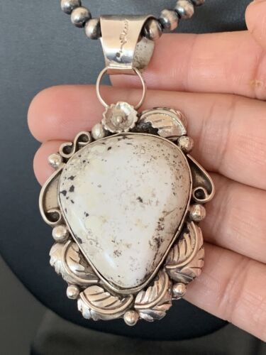 Navajo Pearls Necklace with White Buffalo Turquoise Pendant | Sterling Silver | Authentic Native American Handmade | 349
