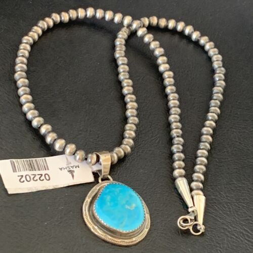 Men's Navajo Pearls Necklace with Blue Kingman Turquoise Pendant | Sterling Silver | Native American Handmade | 2202
