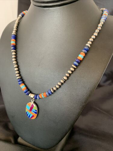 Navajo Multi-Color Spiny Turquoise Inlay Pendant | Sterling Silver | Authentic Native American Handmade | 10658