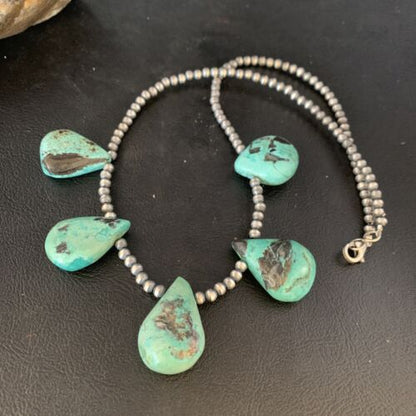 Navajo Teardrop Blue Turquoise Necklace | Sterling Silver Pearls | 20" | Authentic Native American Handmade | 13959