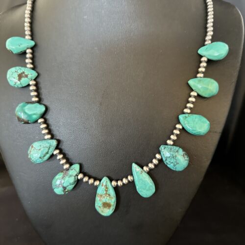 USA Teardrop Navajo Pearls Sterling Silver Blue Turquoise Necklace 14388