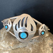 Navajo Turquoise Bear Paw Cuff Bracelet | Sterling Silver | Authentic Native American Handmade | 12874