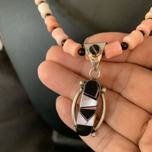 Pink Coral, Onyx & Mother of Pearl Inlay Pendant Necklace | Navajo Sterling Silver Bead | Authentic Native American | 13733