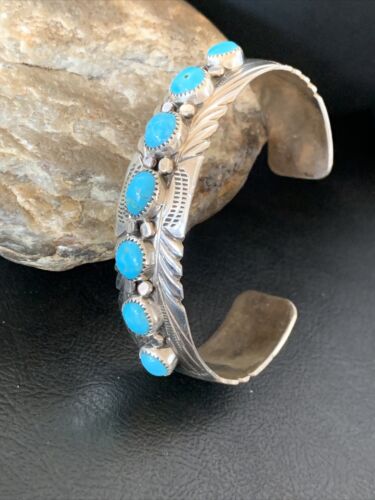 Navajo Kingman Turquoise Cuff Bracelet | Sterling Silver | 7 Stone | Authentic Native American Handmade | 12314