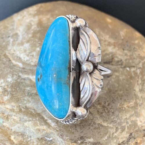 Navajo Blue Kingman Turquoise Ring | Sterling Silver Feather | Sz 7.5 | Authentic Native American Handmade | 10851