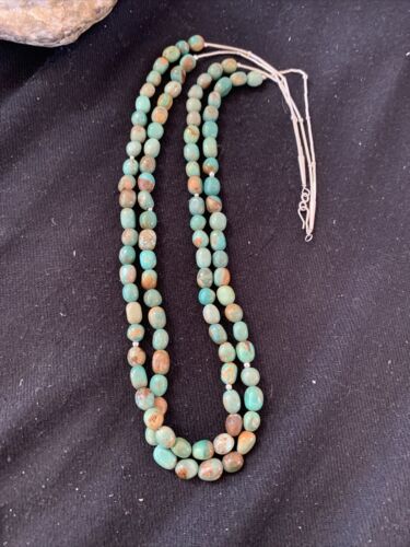 Navajo Sterling Silver Heishi Green Turquoise 2 Strand Bead Necklace | Authentic Native American Handmade | 00871