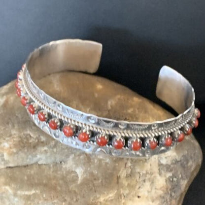 Zuni Red Coral Cuff Bracelet | Sterling Silver | Authentic Native American Handmade | 14179