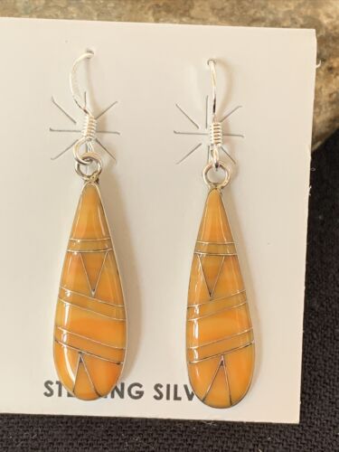 Navajo Orange Spiny Oyster Inlay Earrings | Sterling Silver | 1.5" | Authentic Native American Handmade | 976