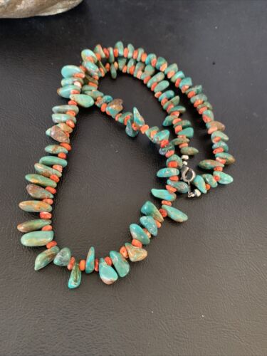 Navajo Green Turquoise & Red Spiny Oyster Necklace | Sterling Silver | Authentic Native American Handmade | 20" | 13221
