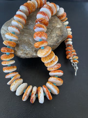 Authentic Native American Navajo Turquoise & Orange Spiny Oyster Necklace | Sterling Silver | Graduated | 22" | 10588