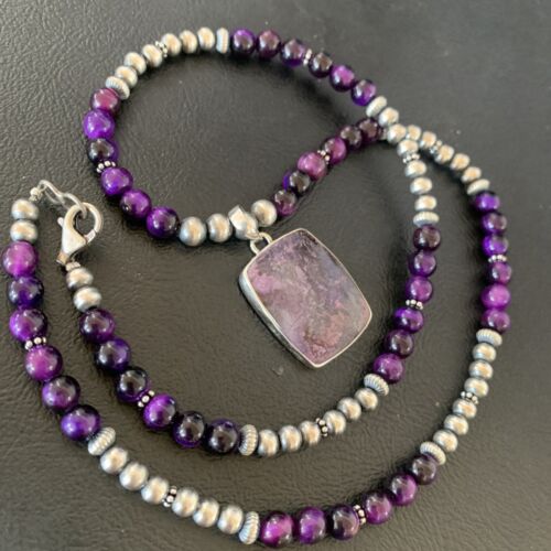 Navajo Pearls Purple Sugilite Onyx Necklace Pendant | Sterling Silver | Authentic Native American Handmade | 13395
