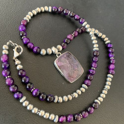 Navajo Pearls Purple Sugilite Onyx Necklace Pendant | Sterling Silver | Authentic Native American Handmade | 13395