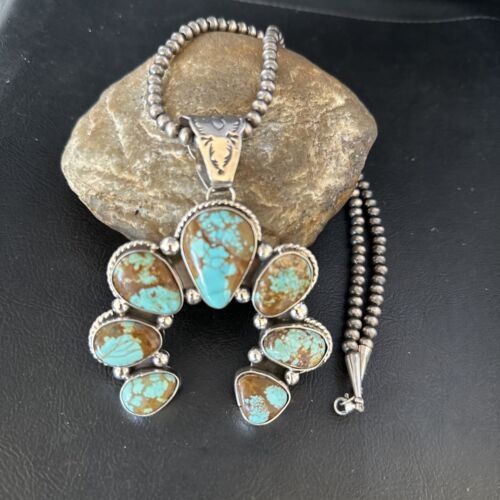 Navajo Blue #8 Turquoise Squash Blossom Necklace Pendant | Authentic Native American Sterling Silver | Naja | 14241